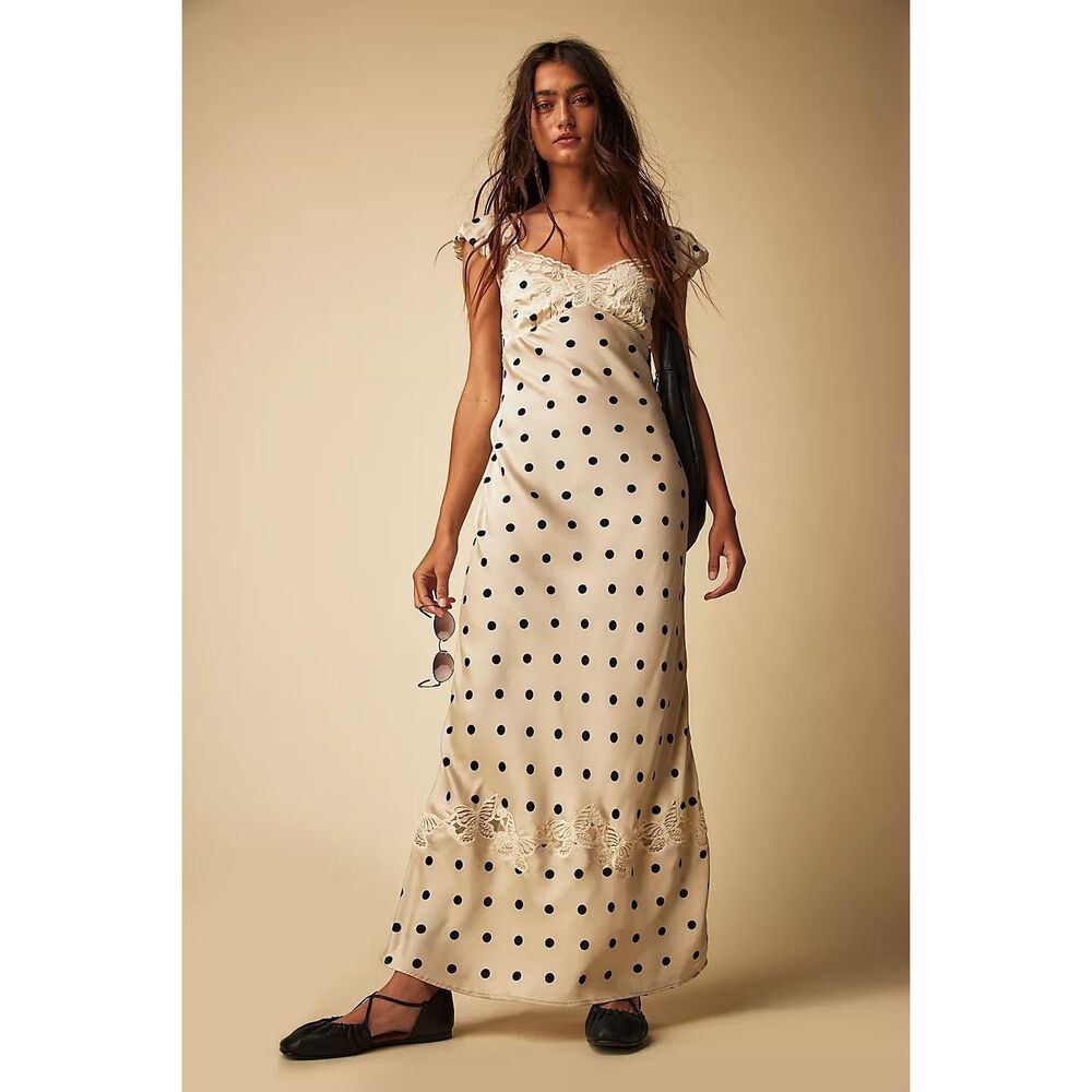 Free People Cream and Black Polka Dot Maxi Dress
